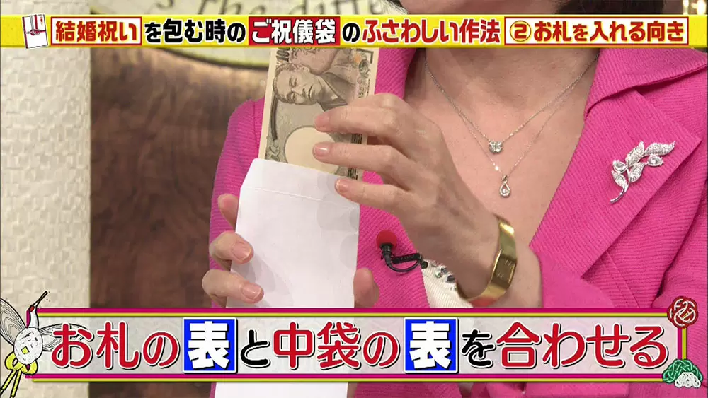 お札の表（肖像画がある面）と中袋の「表」（封のない面）の向きを合わせる